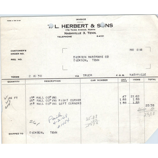 1948 L. Herbert & Sons Nashville Tennessee Letterhead Receipt D18