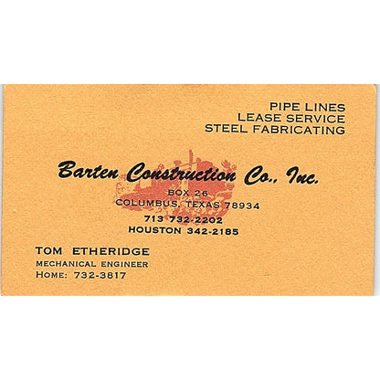 Tom Etheridge Barten Construction Co Houston TX Vintage Business Card SD9-B3