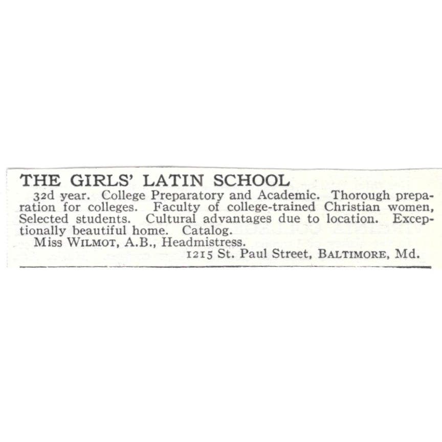 The Girls' Latin School Miss Wilmont Baltimore MD c1918 Advertisement AE5-SV3