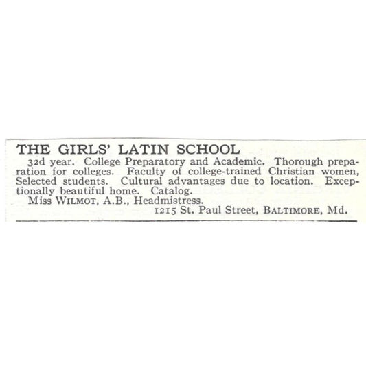 The Girls' Latin School Miss Wilmont Baltimore MD c1918 Advertisement AE5-SV3