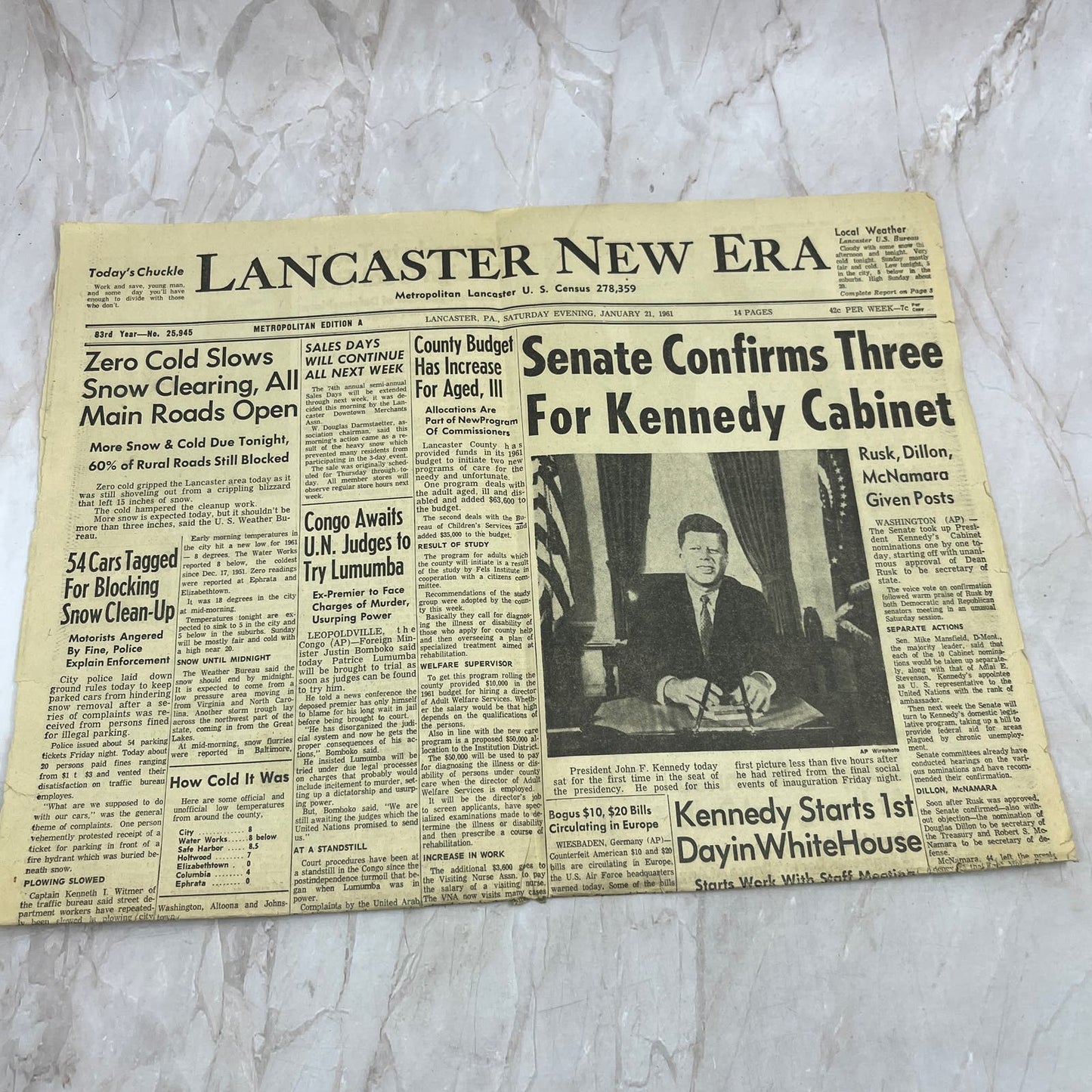 Lancaster News Era Jan 21, 1961 JFK Kennedy First Day in Office Newspaper FL6-7
