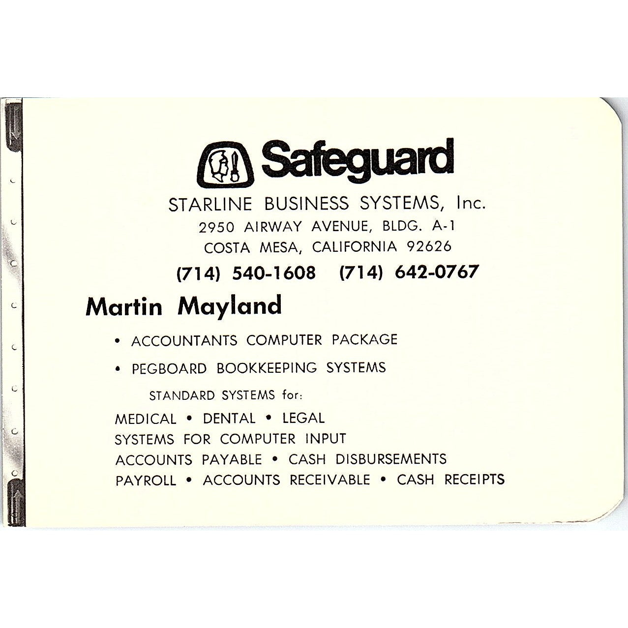 Martin Mayland Safeguard Starline Business Systems Costa Mesa Card TH2-B2