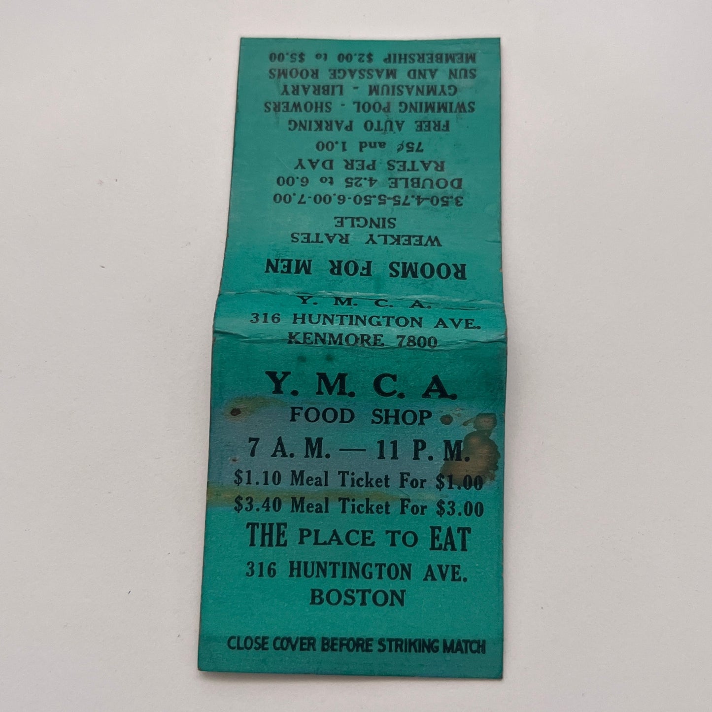 YMCA Food Shop 316 Huntington Ave Boston Vintage Matchbook Cover TB8-MB-3