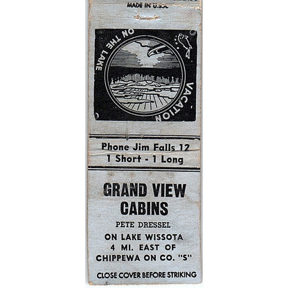 Grand View Cabins Lake Wissota Pete Dressel Chippewa WI Matchbook Cover SE5-Y1