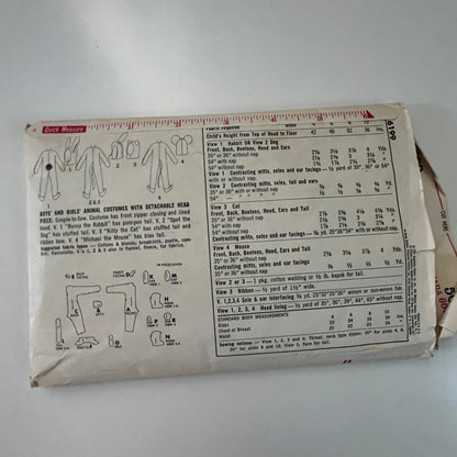 1960s Simplicity 6199 Unisex Childs Size 10 Costume dog cat mouse pattern L1-4