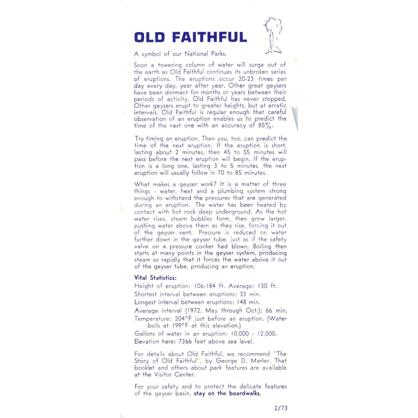 1973 Yellowstone Park Old Faithful Geyser Fact Sheet Leaflet AE8
