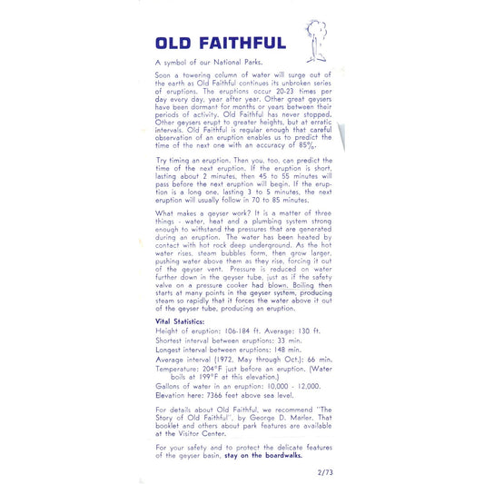 1973 Yellowstone Park Old Faithful Geyser Fact Sheet Leaflet AE8