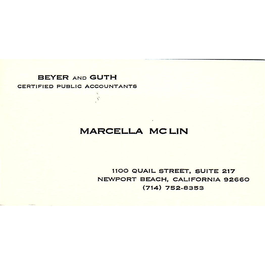 Marcella McLin Beyer & Guth CPA Newport Beach CA Vintage Business Card SD9-B1
