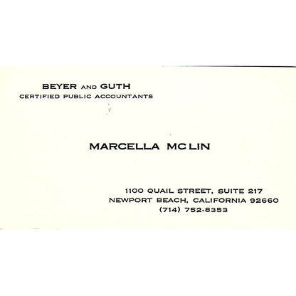 Marcella McLin Beyer & Guth CPA Newport Beach CA Vintage Business Card SD9-B1
