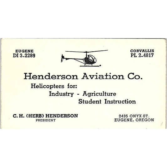 C.H. Herb Henderson Aviation Co Eugene OR Vintage Business Card SE3-B16