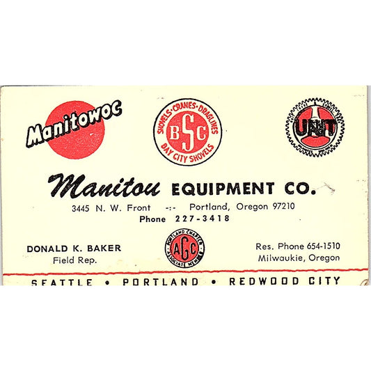 Manitou Equipment Co Donald K Baker Milwaukie OR Vintage Business Card SB4-B4
