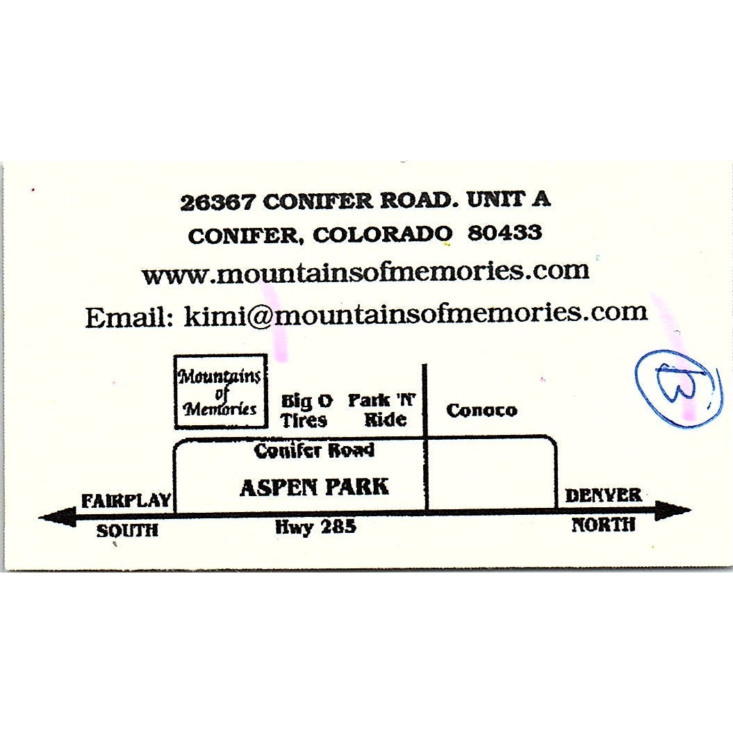 Mountains of Memories Kimi Kellett Conifer CO Vintage Business Card SC9-B11
