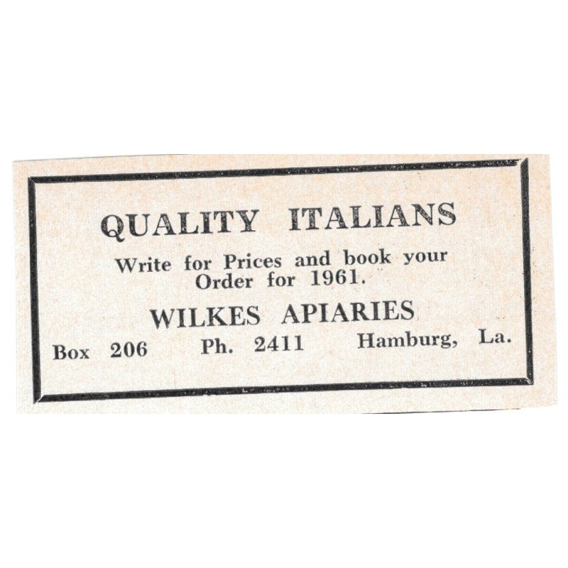 Quality Italians Wilkes Apiaries Hamburg LA 1961 Magazine Ad AB6-S13