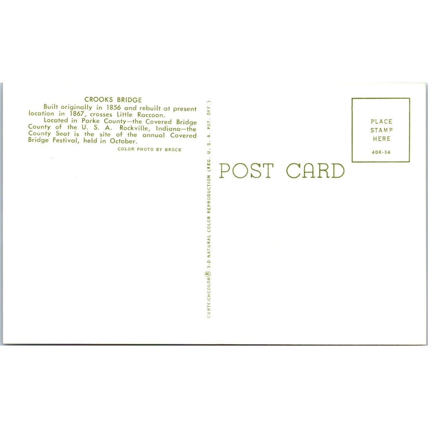 Crooks Bridge Parke County Indiana Vintage Covered Bridge Postcard PD3