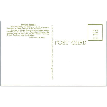 Crooks Bridge Parke County Indiana Vintage Covered Bridge Postcard PD3