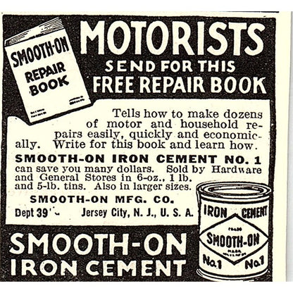 Smooth-On Iron Cement No. 1 Jersey City NJ 1924 Ad AG3-S18