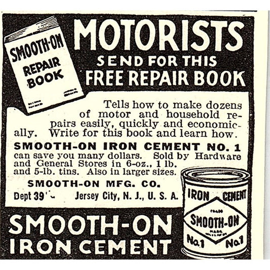 Smooth-On Iron Cement No. 1 Jersey City NJ 1924 Ad AG3-S18
