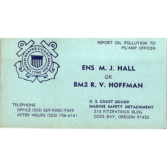 U.S Coast Guard Ens M.J Hall BM2 R.V Hoffman Oregon Vintage Business Card SF3-B3