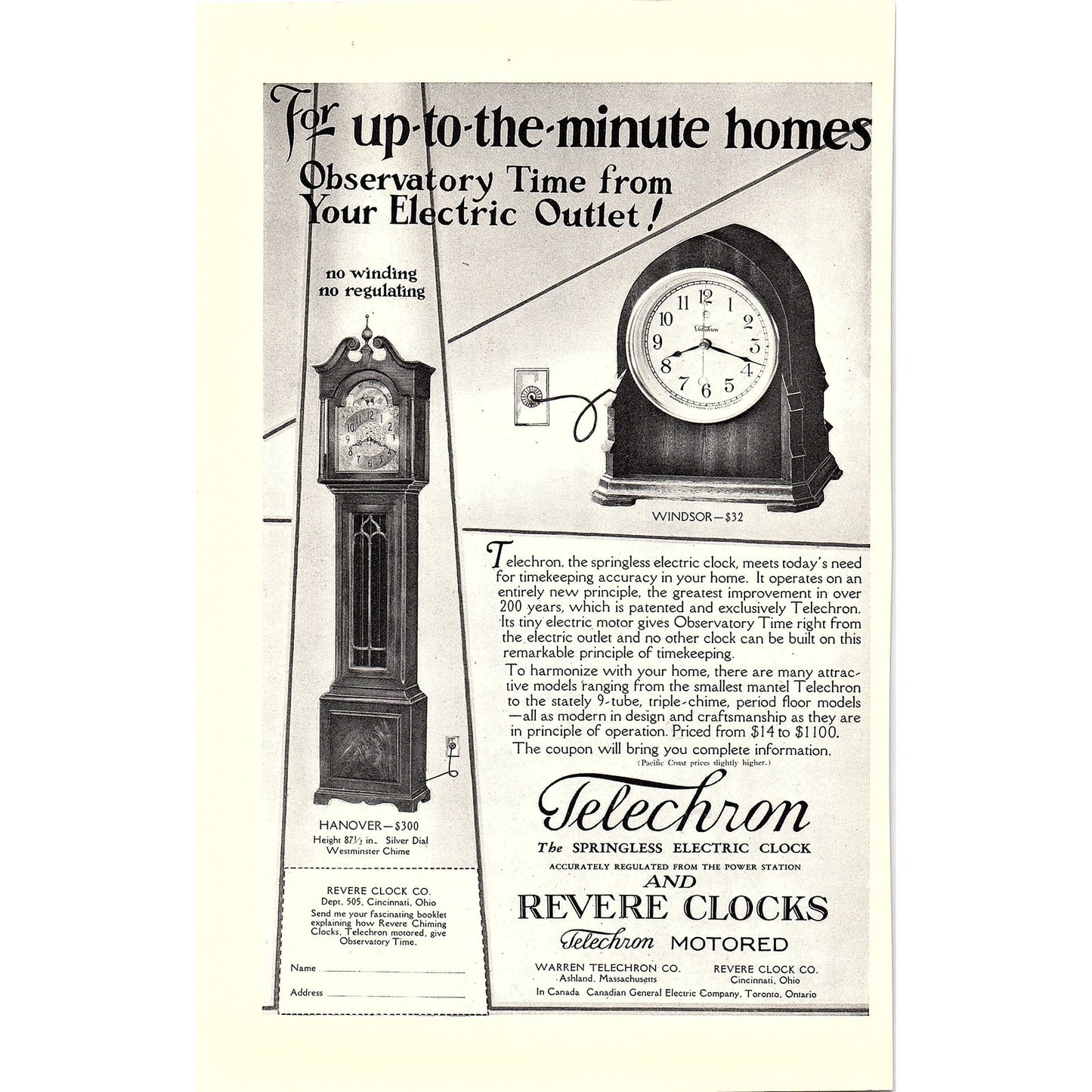 Telechron & Revere Electric Clocks Ashland Cincinnati 6x10 1920s Original Ad D24