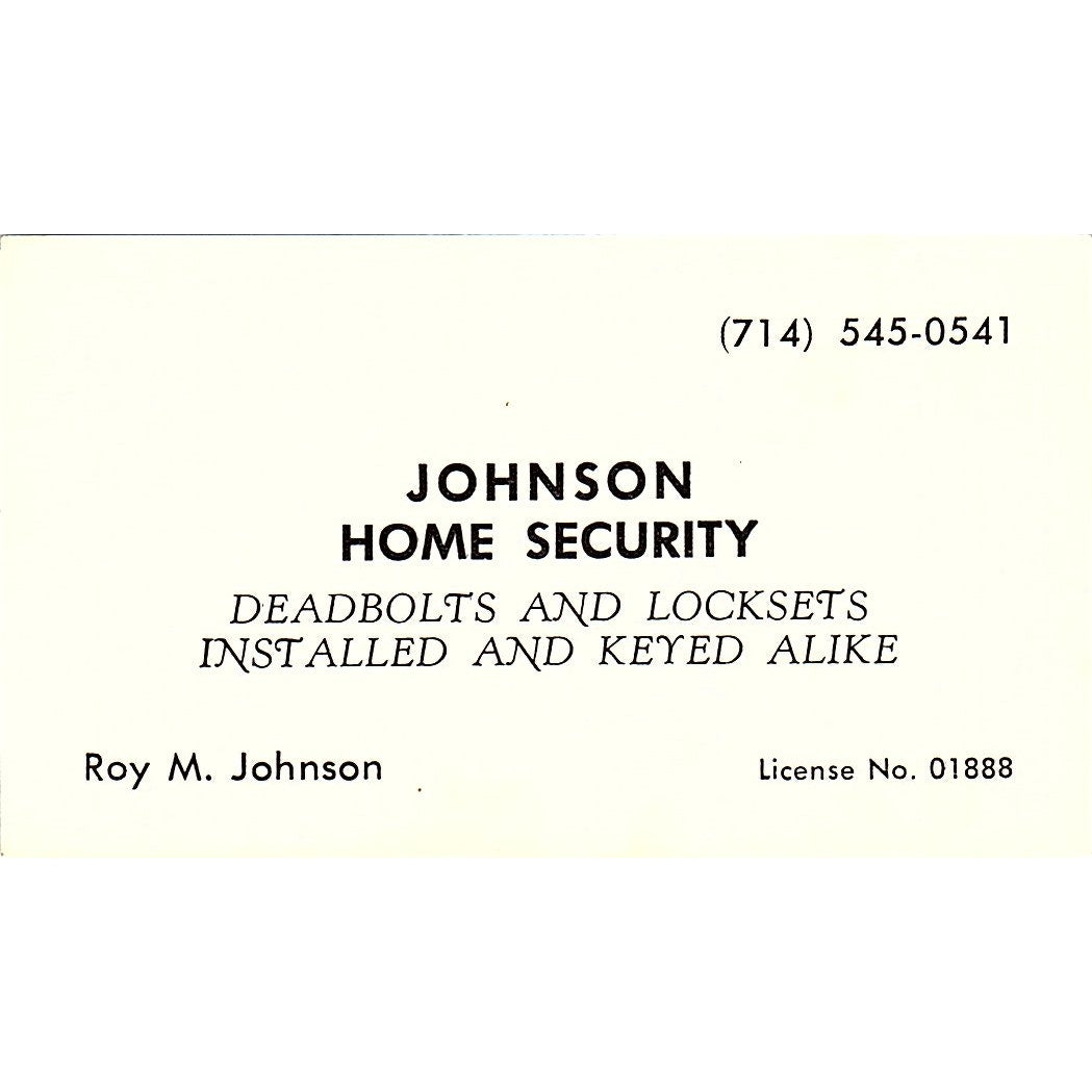 Johnson Home Security Roy M Johnson Vintage Business Card SB4-B3