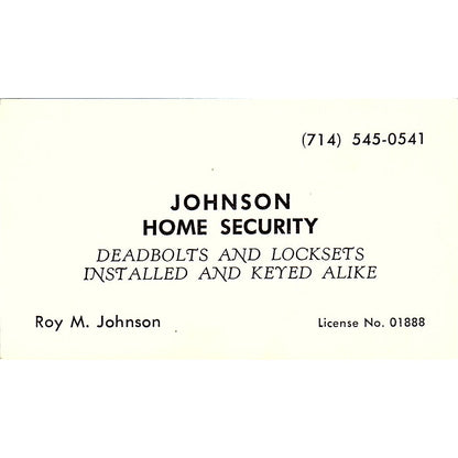 Johnson Home Security Roy M Johnson Vintage Business Card SB4-B3
