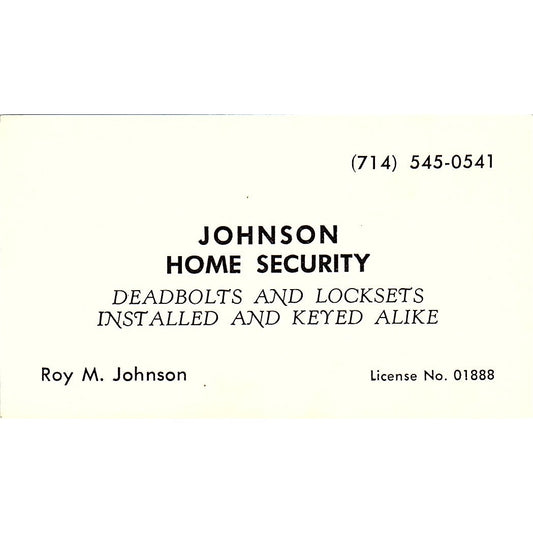 Johnson Home Security Roy M Johnson Vintage Business Card SB4-B3
