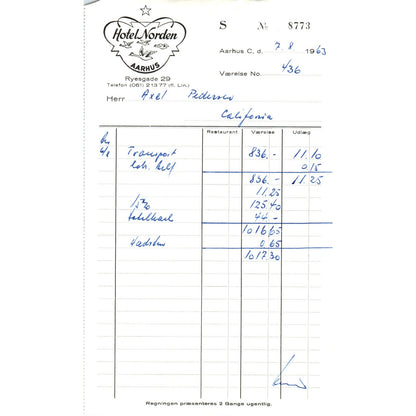 1960s Hotel Norden Letterhead Aarhus Receipt AF7-E10