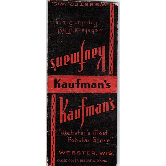 Kaufman's Store Webster WI Vintage Matchbook Cover SC7-Y7