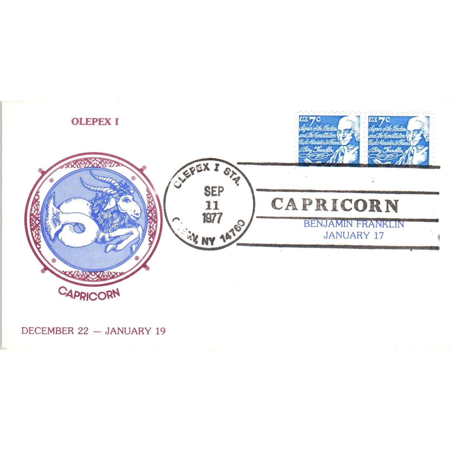 1977 Olepex 1 Capricorn Benjamin Franklin First Day Issue Postal Cover TI5-PC1