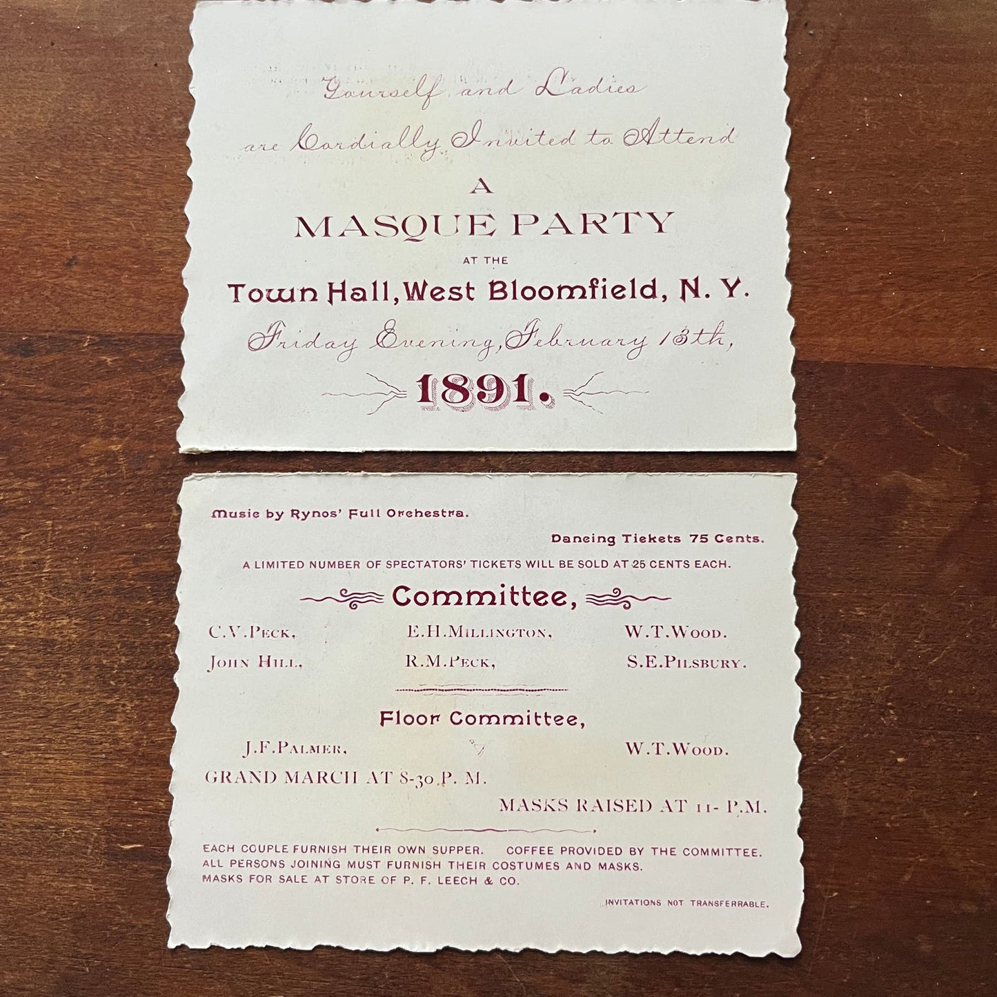 1891 Masquerade Masque Party Invitation Town Hall West Bloomfield NY AE2