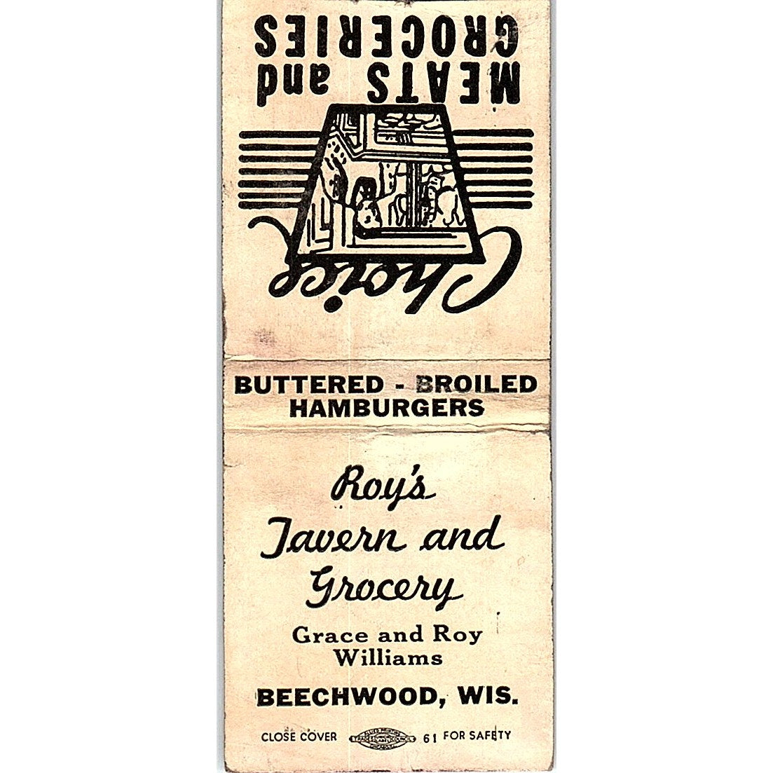 Roy's Tavern Grace & Roy Williams Beechwood WI Vintage Matchbook Cover SC7-Y10