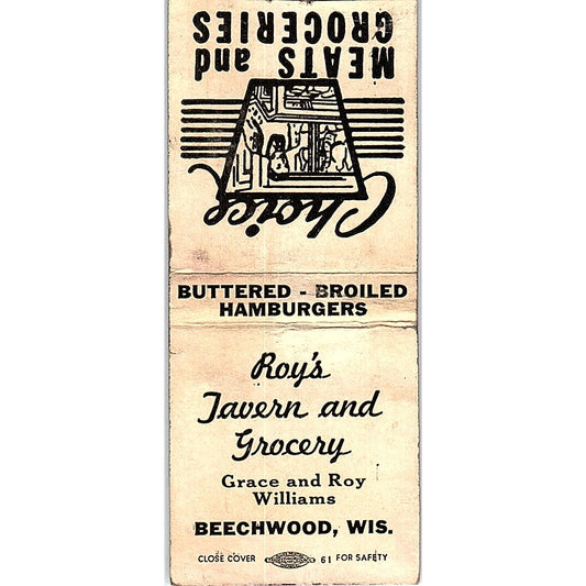 Roy's Tavern Grace & Roy Williams Beechwood WI Vintage Matchbook Cover SC7-Y10