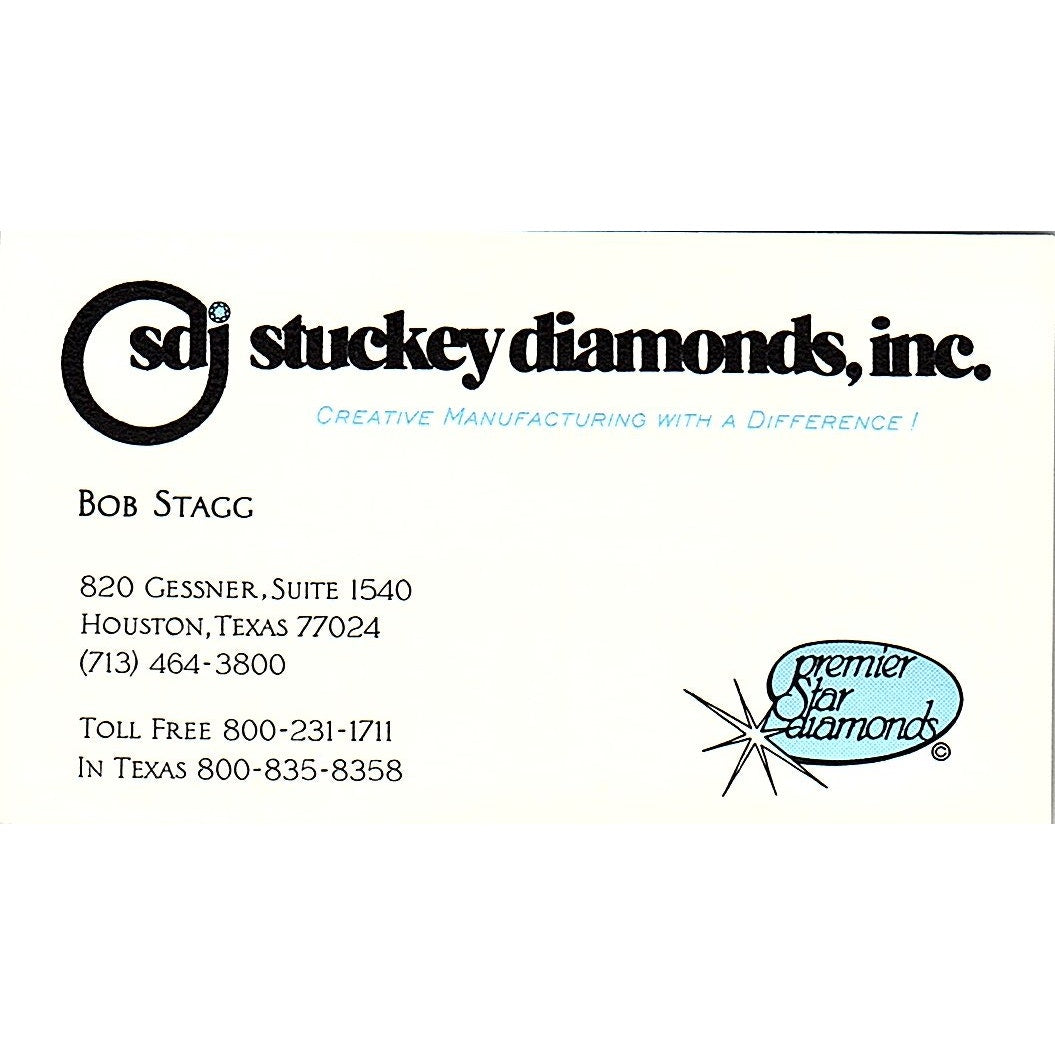 SDI Stuckey Diamonds Inc Bob Stagg Houston Vintage Business Card SC9-B9