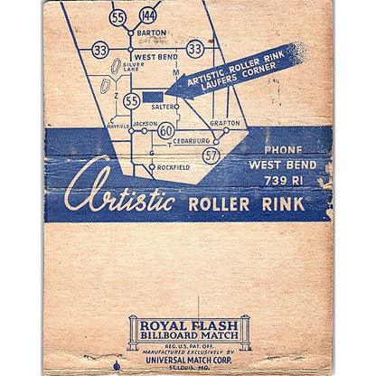 1940s The Laufers Artistic Roller Rink West Bend WI Large Matchbook Cover TH2-Y4