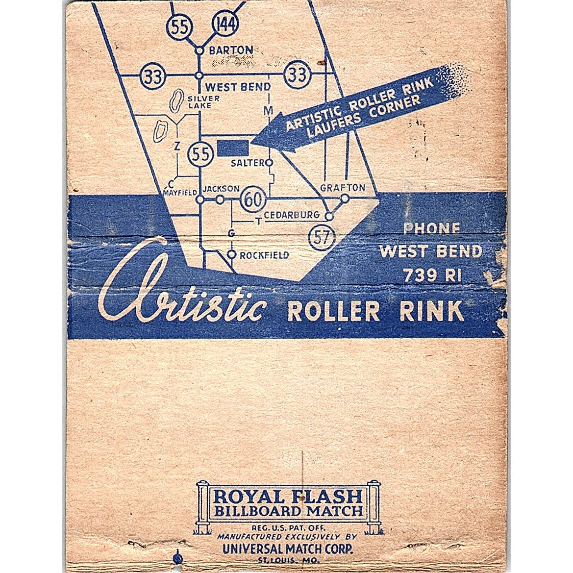1940s The Laufers Artistic Roller Rink West Bend WI Large Matchbook Cover ML1-8