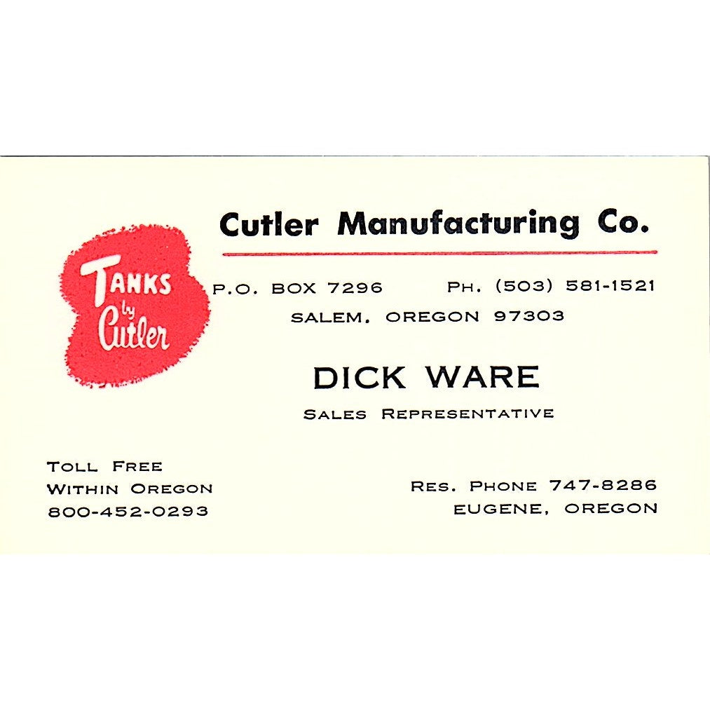 Dick Ware Tanks by Cutler Mfg Co Eugene Salem OR Vintage Business Card SD9-B5