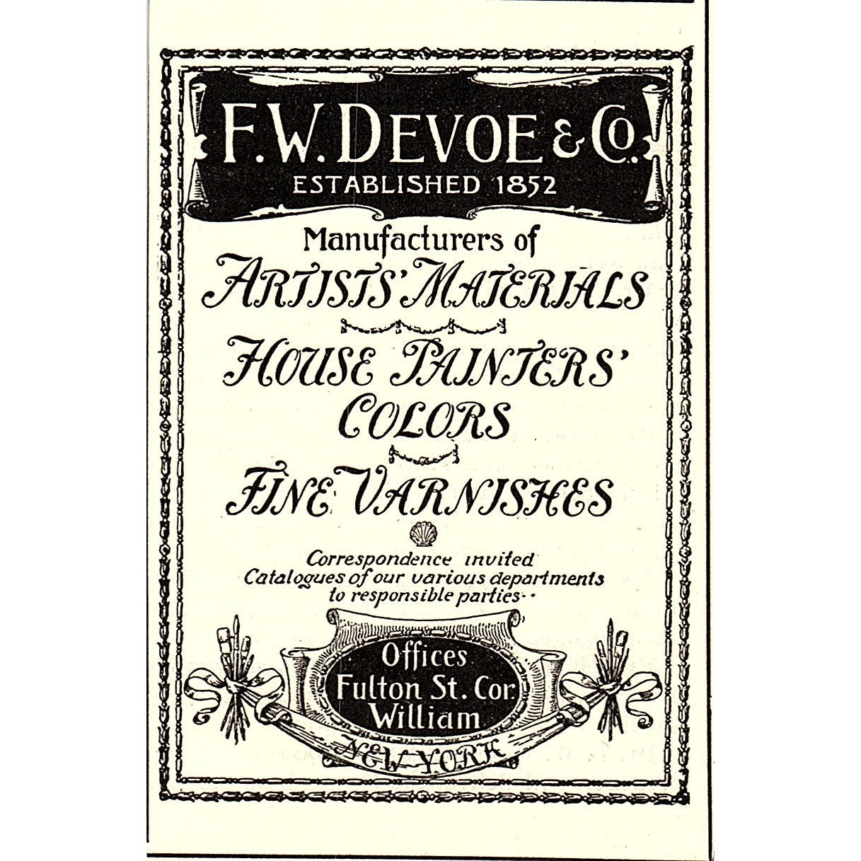 F.W. Devoe & Co Artist Materials Fulton St. NY 1892 Ad AG2-M9