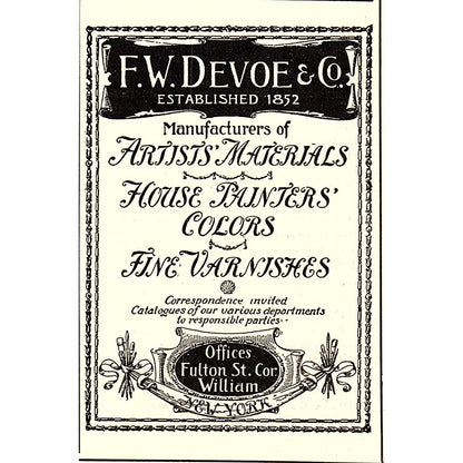 F.W. Devoe & Co Artist Materials Fulton St. NY 1892 Ad AG2-M9