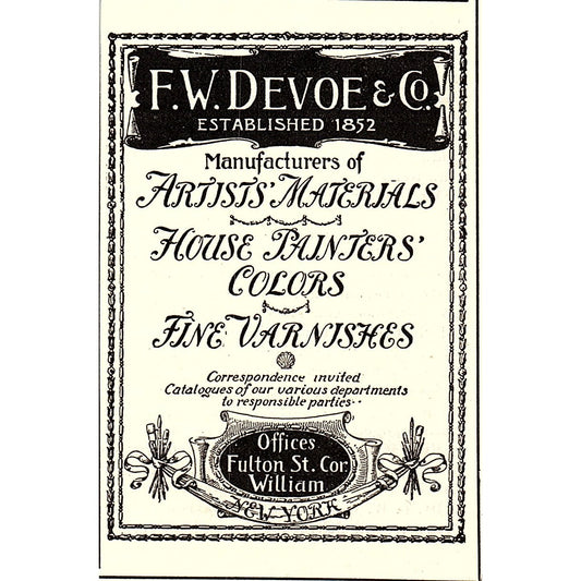 F.W. Devoe & Co Artist Materials Fulton St. NY 1892 Ad AG2-M9