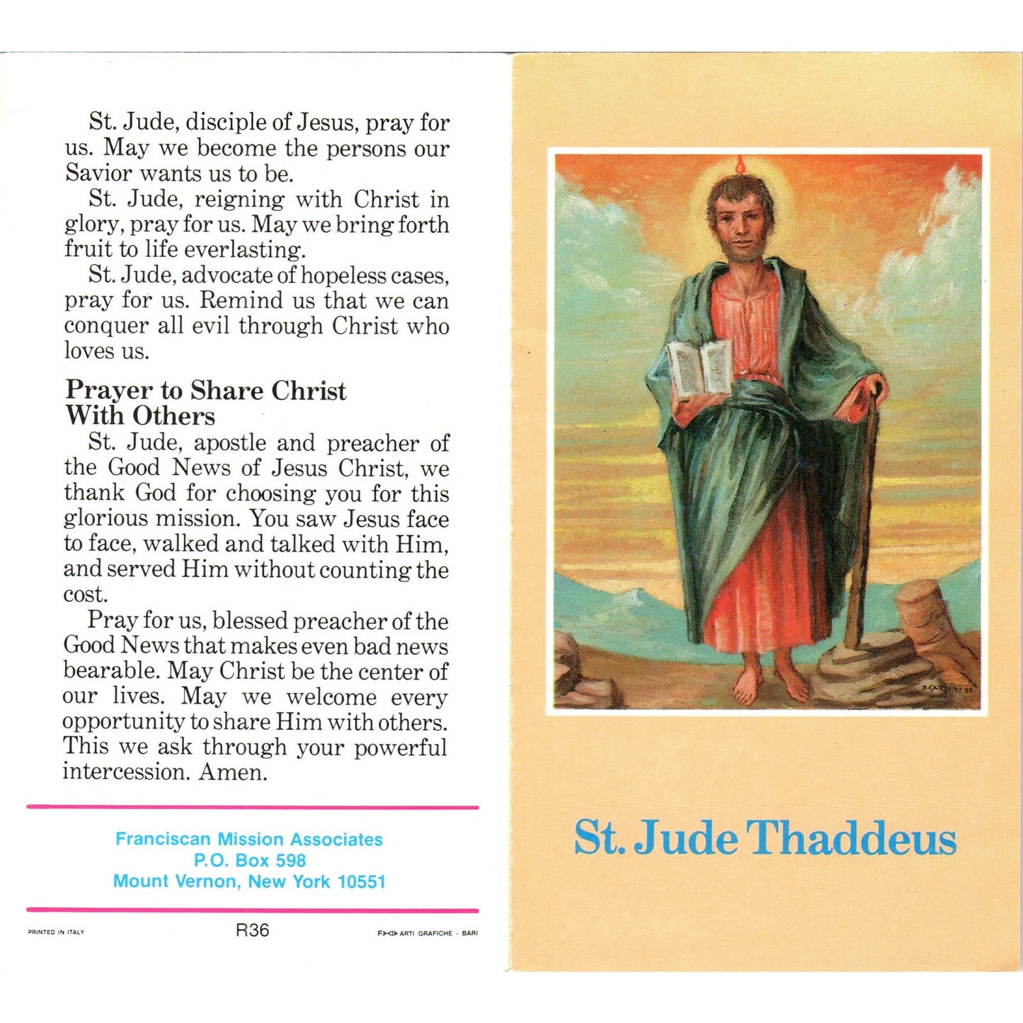 St. Jude Thaddeus Franciscan Mission Vintage Catholic Prayer Leaflet TH2-PC2