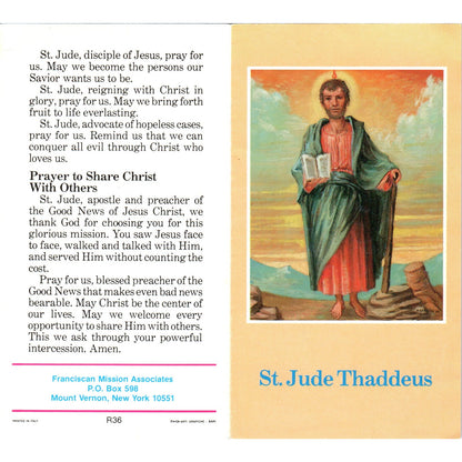 St. Jude Thaddeus Franciscan Mission Vintage Catholic Prayer Leaflet TH2-PC2