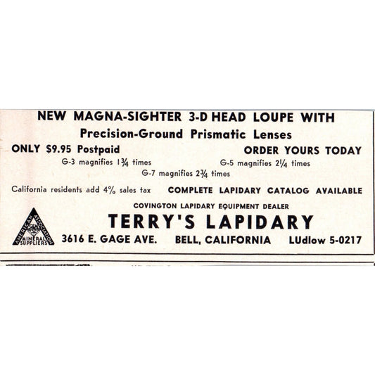 Terry's Lapidary Magna-Sighter 3-D Head Loupe Bell CA 1964 Magazine Ad AB6-M3