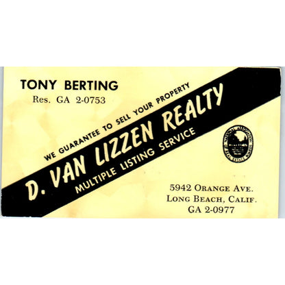 Tony Berting D. Van Lizzen Realty Long Beach CA Vintage Business Card SD4-B5