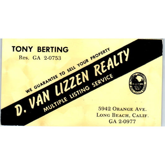 Tony Berting D. Van Lizzen Realty Long Beach CA Vintage Business Card SD4-B5