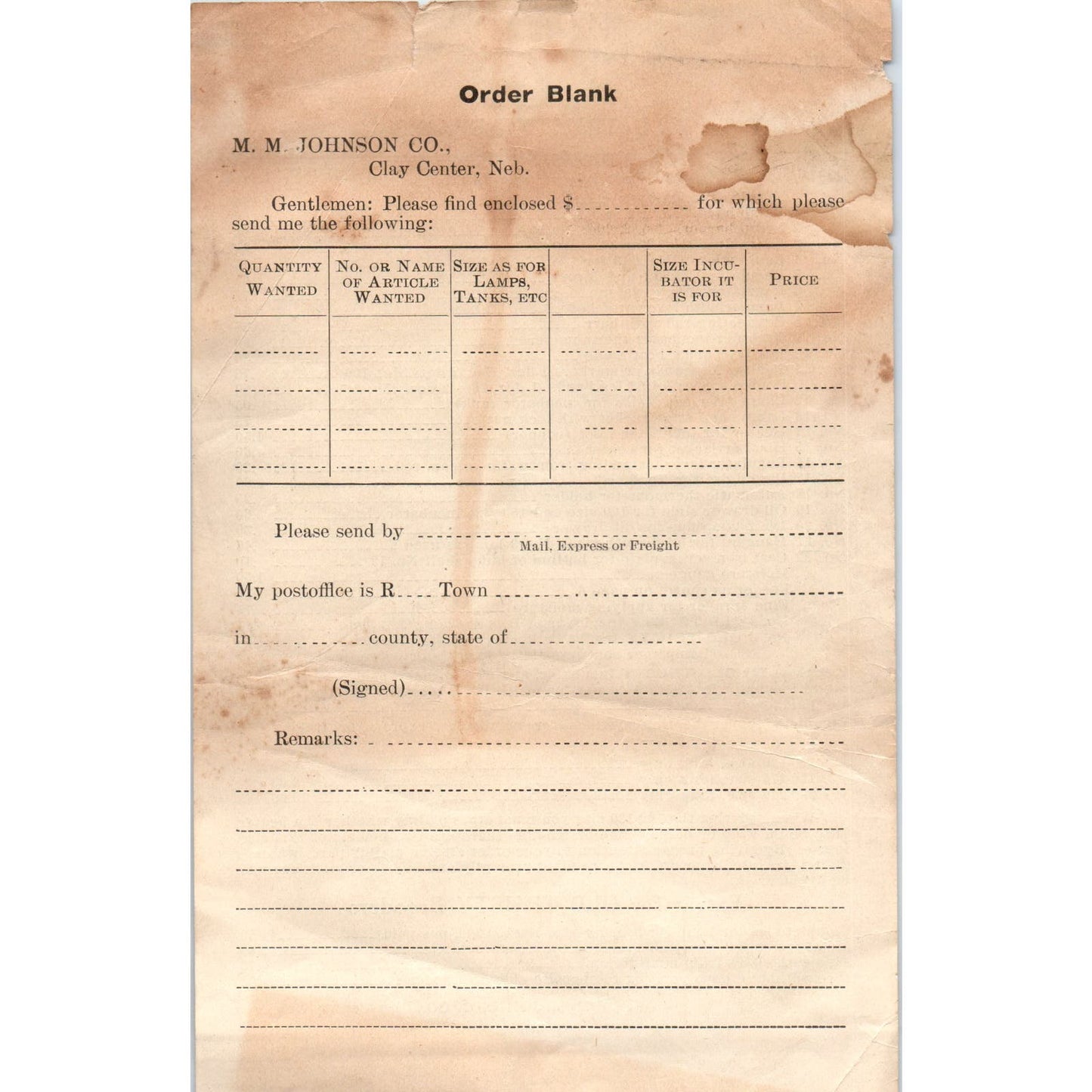 c1920 Old Trusty Repairs Order Blank M.M. Johnson Co Clay Center NE AB9