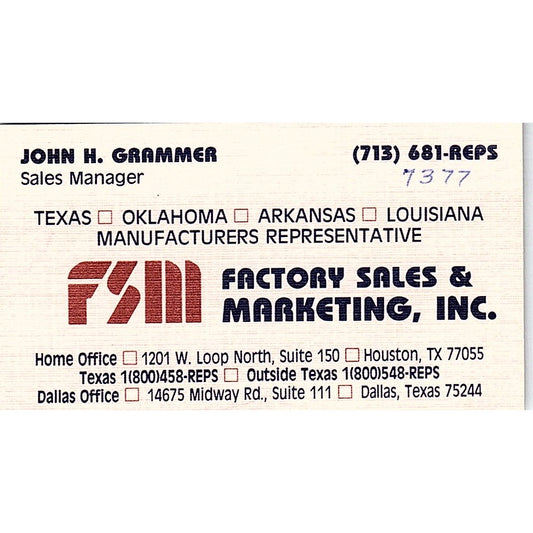 John H Grammer FSM Factor Sales & Marketing Dallas Vintage Business Card SC9-B8