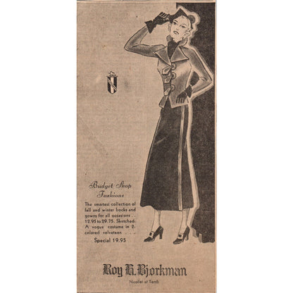 Roy Bjorkman Budget Shop Fashion 4x8" 1935 Minneapolis Journal Advertisement D10
