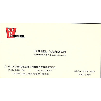 C & I Girdler Incorp, Uriel Yarden, Louisville, Kentucky Business Card SF3-B6