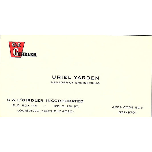 C & I Girdler Incorp, Uriel Yarden, Louisville, Kentucky Business Card SF3-B6