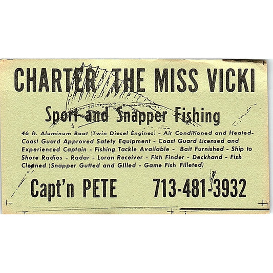 Sport & Snapper Fishing Charter Miss Vicki Capt Pete Houston TX Card SB4-B10